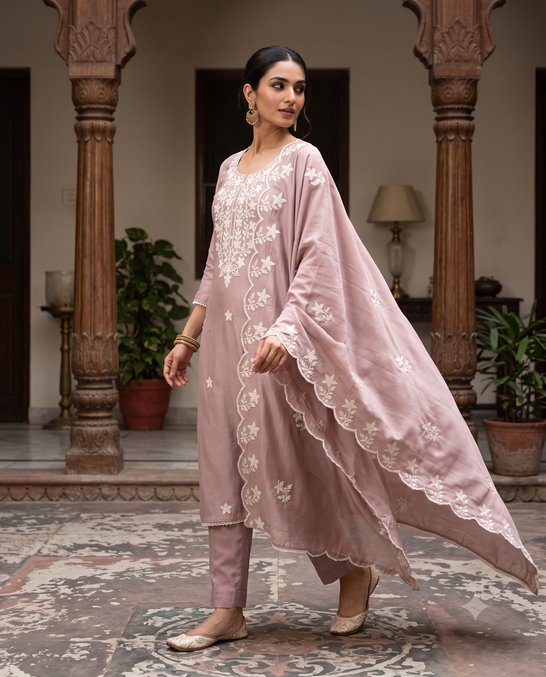 Mauve Jaam Cotton Unstitched Suit | Crotia Embroidered Neckline & Floral Motifs | Crotia Embroidered Border Dupatta Women's Suit