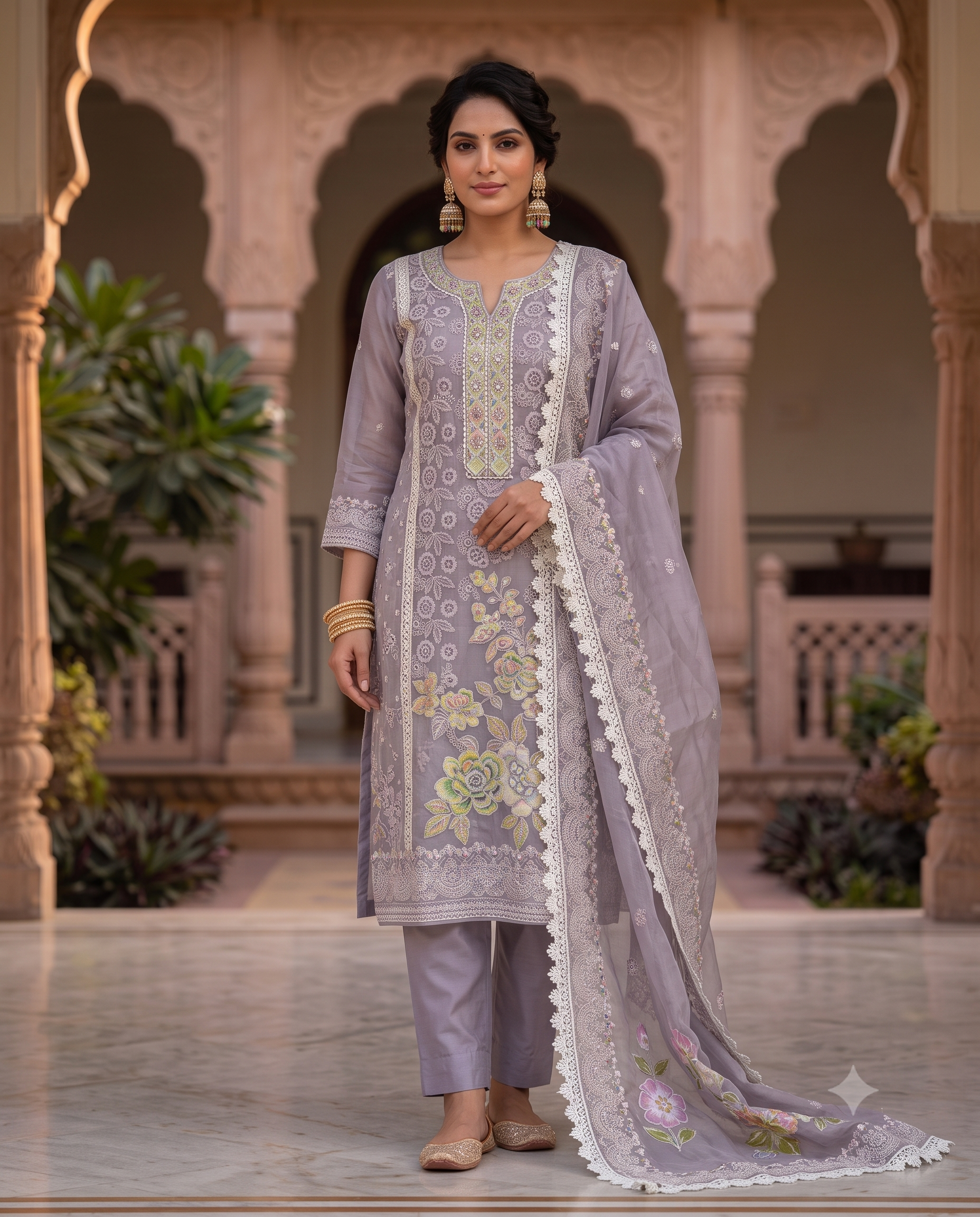 Lavendar Organza Unstitched Suit | White Lace Panels | Floral Thread Embroidery Mirror Work & Hand Painted Dupatta Women's Suit