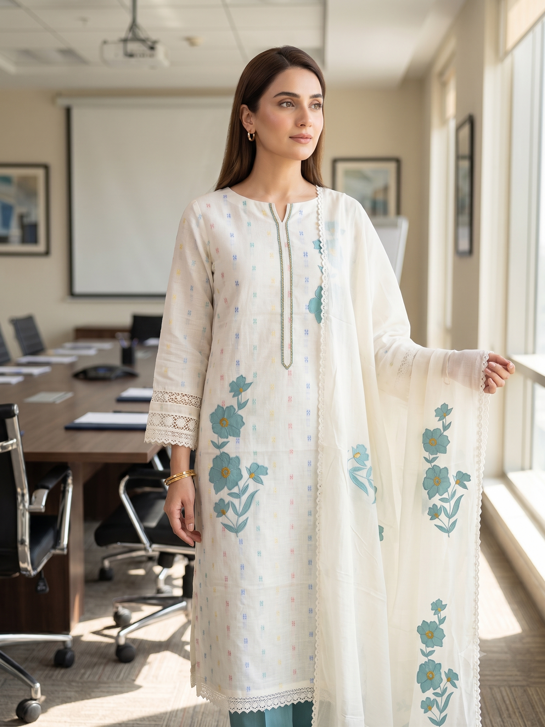 Off-White Pure Cotton Unstitched Suit | All-Over Multicolor Woven Booties | Mint Green Applique Floral Patches & Scalloped Lace Dupatta Women's Suit