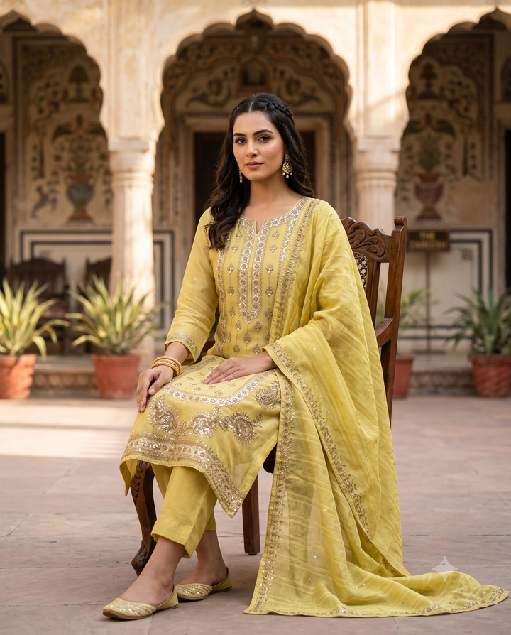 Lemon Yellow Shimmer Organza Heavy Handwork Party Wear Suit Set