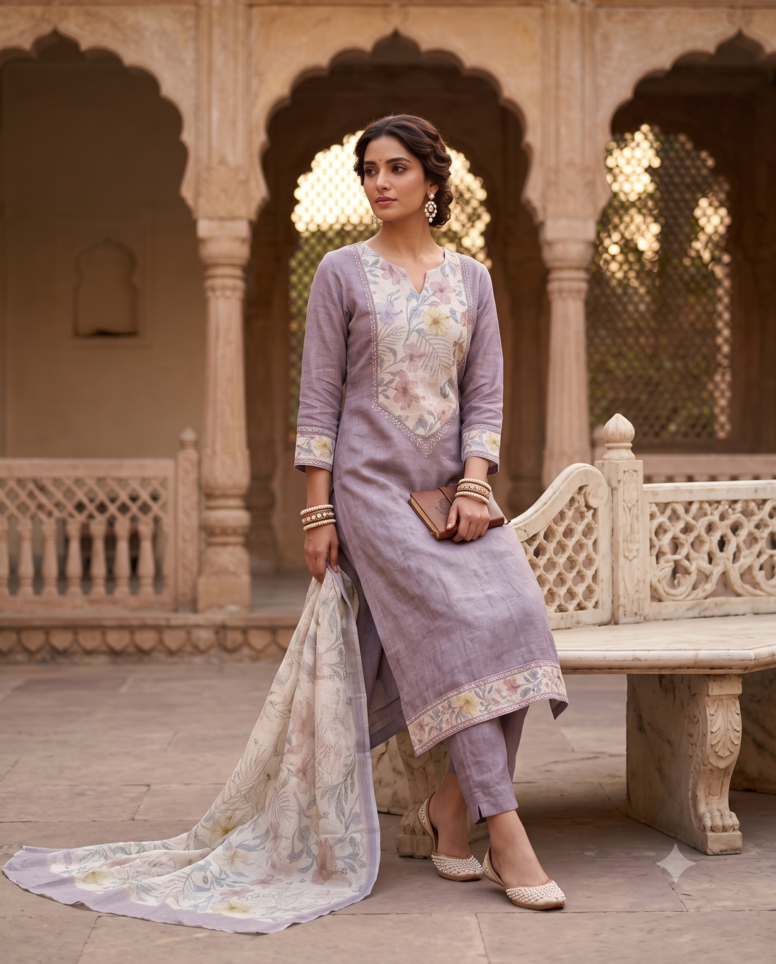 Mauve Purple Pure Linen Unstitched Suit | Tonal Printed Texture | Digital Floral Applique Neckline Panel & Multicolor Floral Dupatta Women's Suit