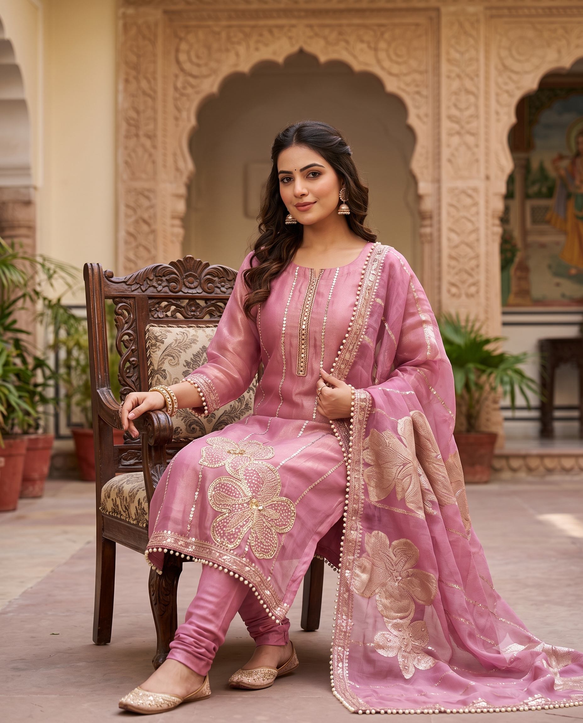 Pink Shimmer Organza Cutdana Handwork Unstitched Suit Set