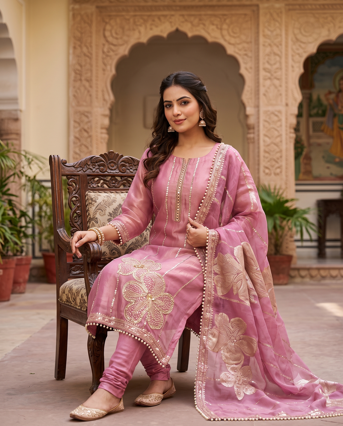 Pink Shimmer Organza Cutdana Handwork Unstitched Suit Set