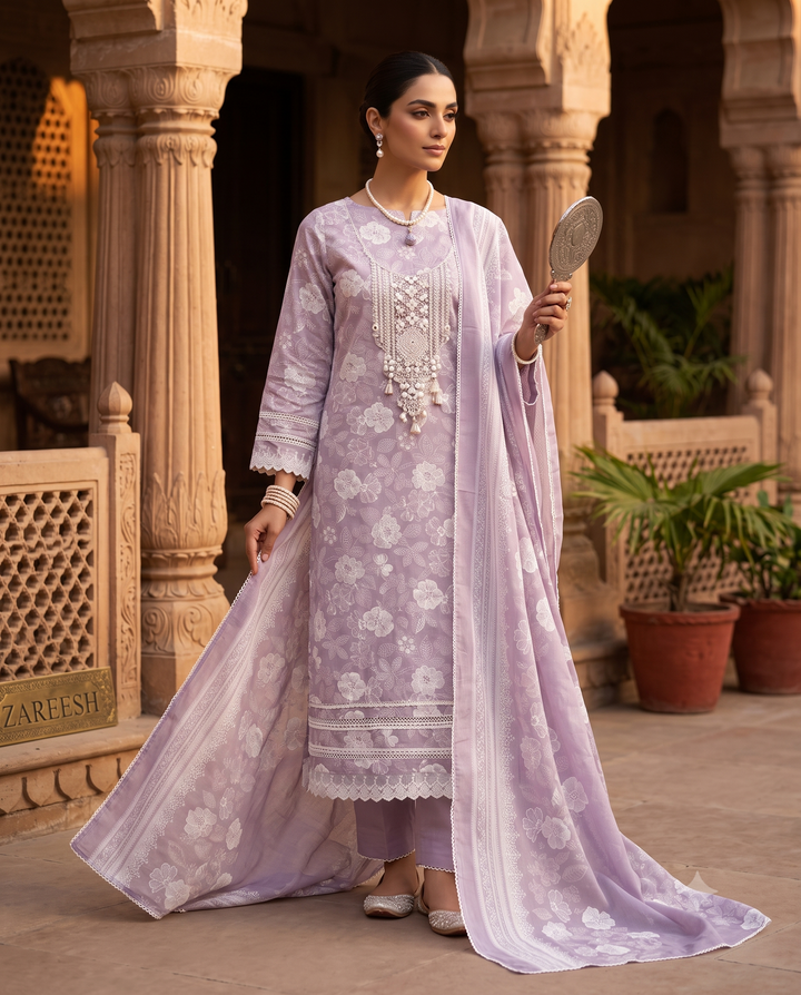 Lilac Cotton Unstitched Suit | All-Over Floral Print | Mirror Work Sequin Moti Neckline & Lace Hemline Women's Suit