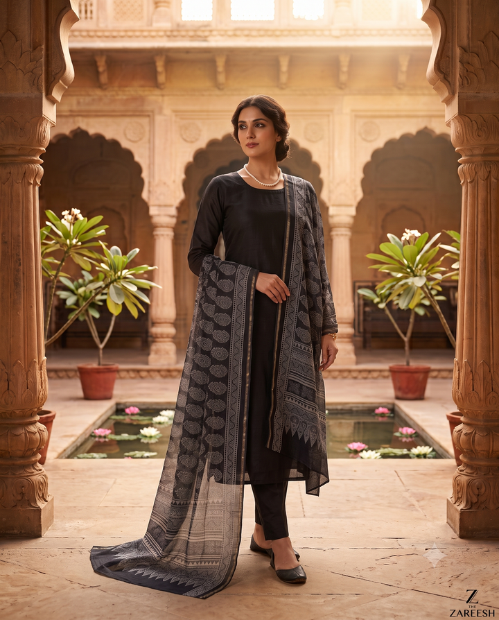 Black Maheshwari Silk Suit with Ajrakh Print Dupatta