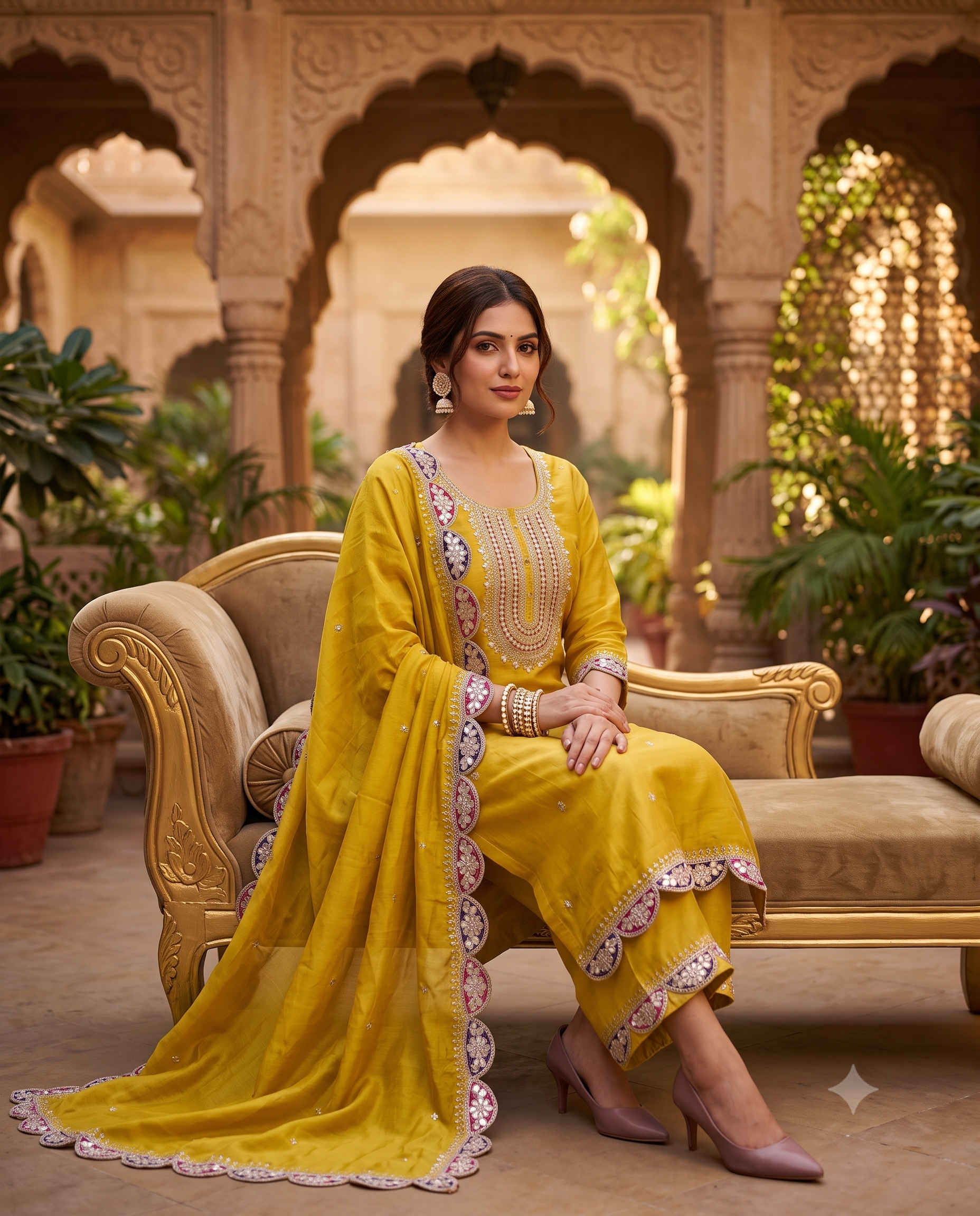 Yellow Russian Silk Embroidered Unstitched Suit with Scalloped Dupatta