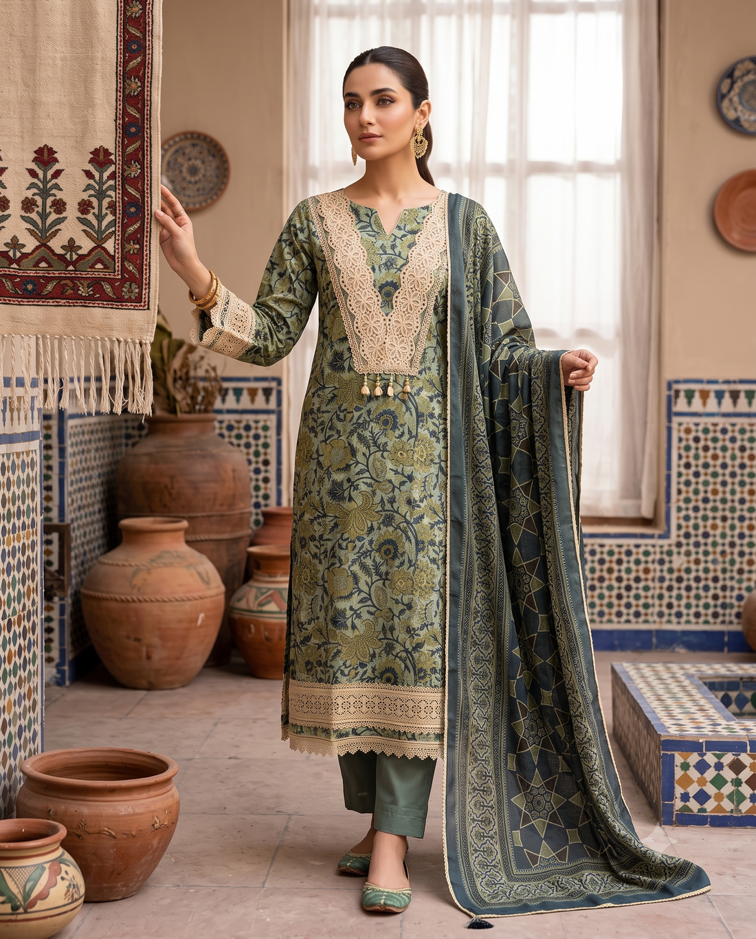 Jade Green Cotton Unstitched Suit | All-Over Digital Floral Print | V-Neck Lace & Tassel Neckline with Geometric Print Steel Blue Dupatta Women's Suit