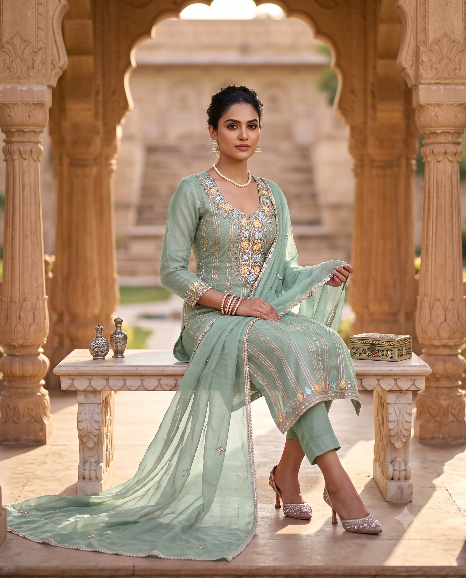 Mint Green Shimmer Tissue Unstitched Suit | Multicolor Thread Mirror Gota Neckline | Gota Panel & Daaman with Gota Lace Chiffon Dupatta Women's Suit