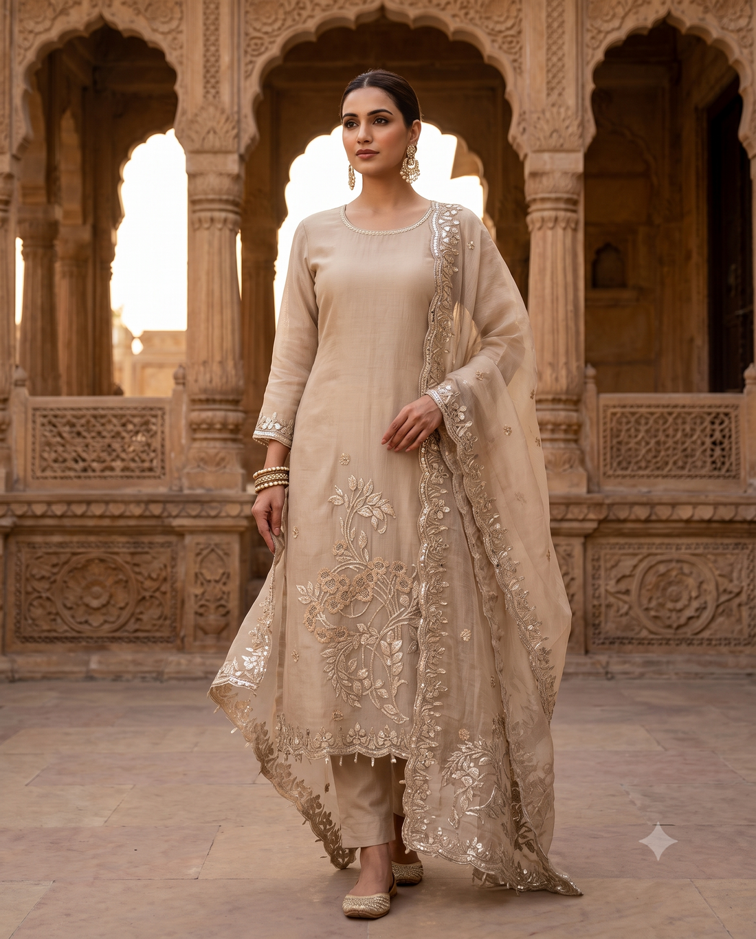 Beige Marble Chiffon Silver Gota Embroidered Unstitched Suit Set