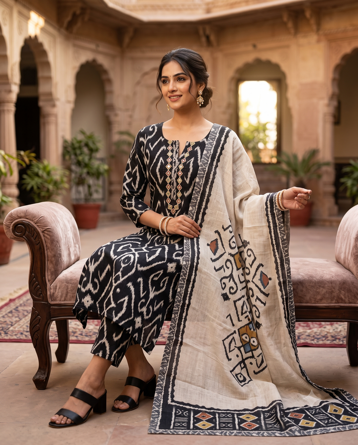 Black Linen Unstitched Suit | All-Over Ikat Print | Embroidered Neckline & Off-White Ikat Print Linen Dupatta Women's Suit