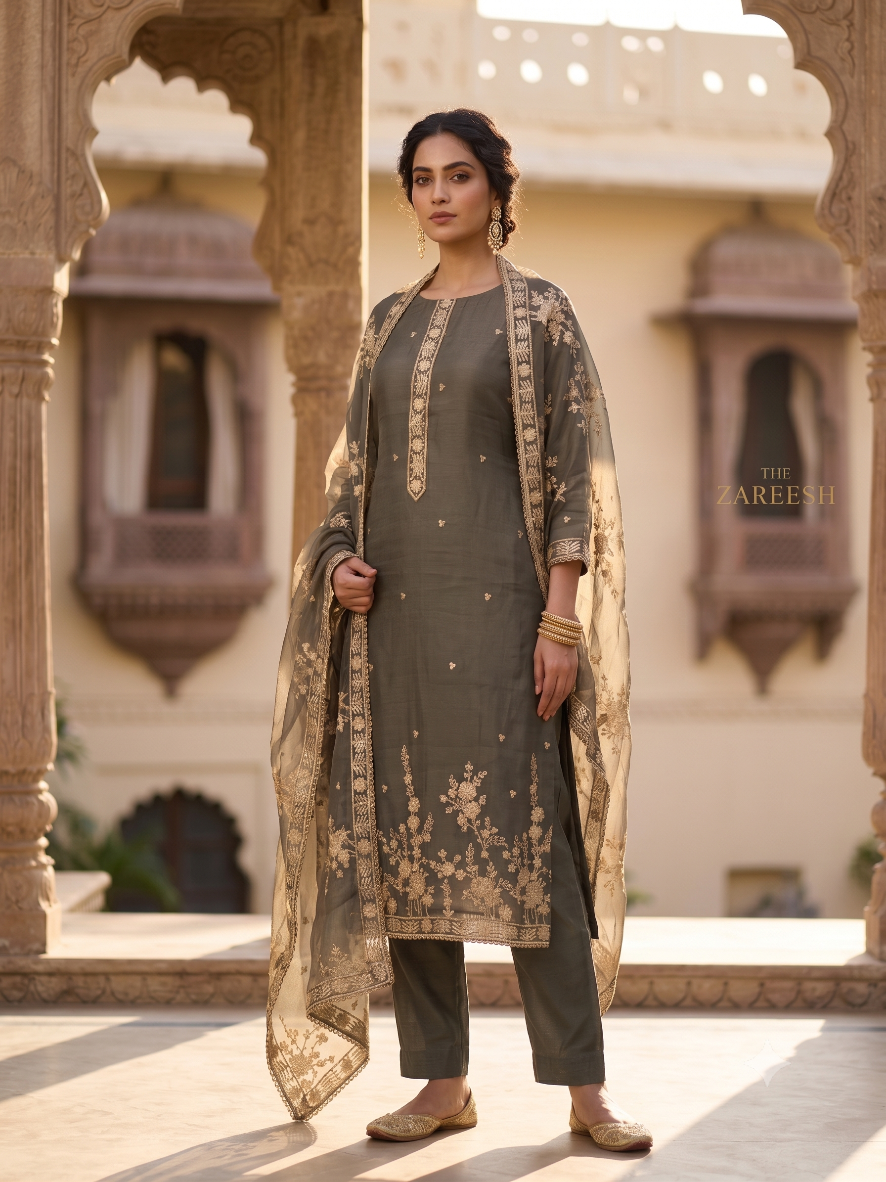 Granite Grey Heavy Tissue Partywear Unstitched Suit Set
