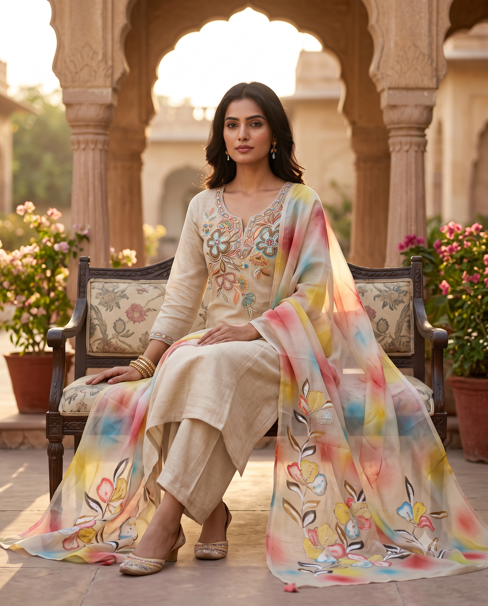 Beige Tissue Silk Unstitched Suit with Handpainted Floral Work and Organza Dupatta