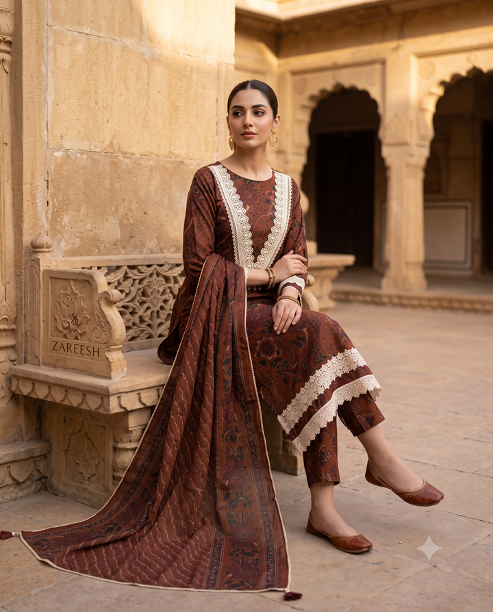 Rust Brown Cotton Unstitched Suit | All-Over Digital Floral Print | V-Neck Lace & Tassel Neckline with Lace Hemline Women's Suit