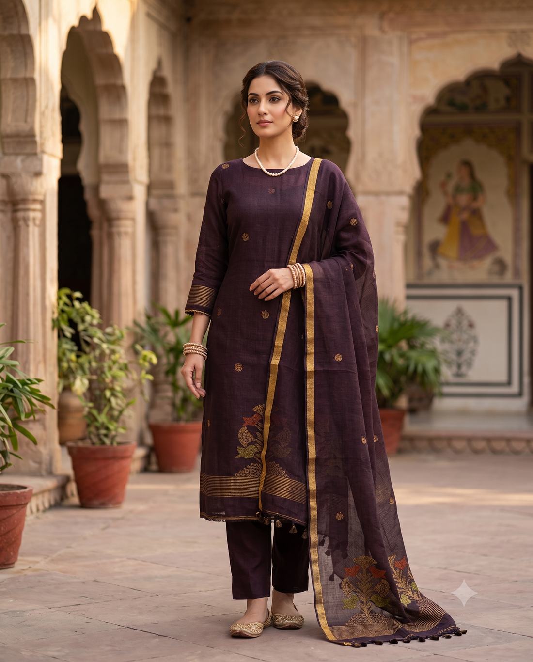 Dark Purple Jaishree Linen Unstitched Suit | Woven Bird Motifs | Multicolor Woven Floral Booties & Gold Zari Border Women's 2-Piece Suit