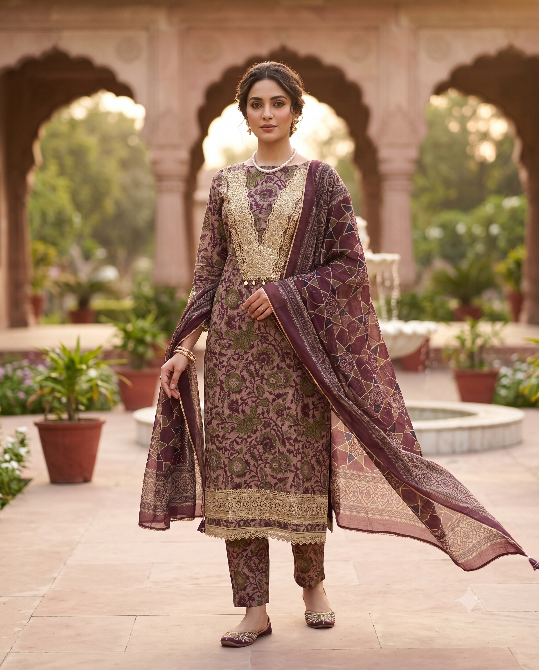 Plum Cotton Unstitched Suit | All-Over Digital Floral Print | V-Neck Lace & Tassel Neckline with Geometric Print Steel Blue Dupatta Women's Suit