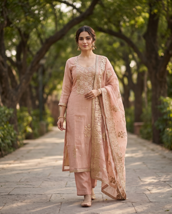 Blush Pink Crush Tissue Unstitched Suit with Pitta Work Neckline