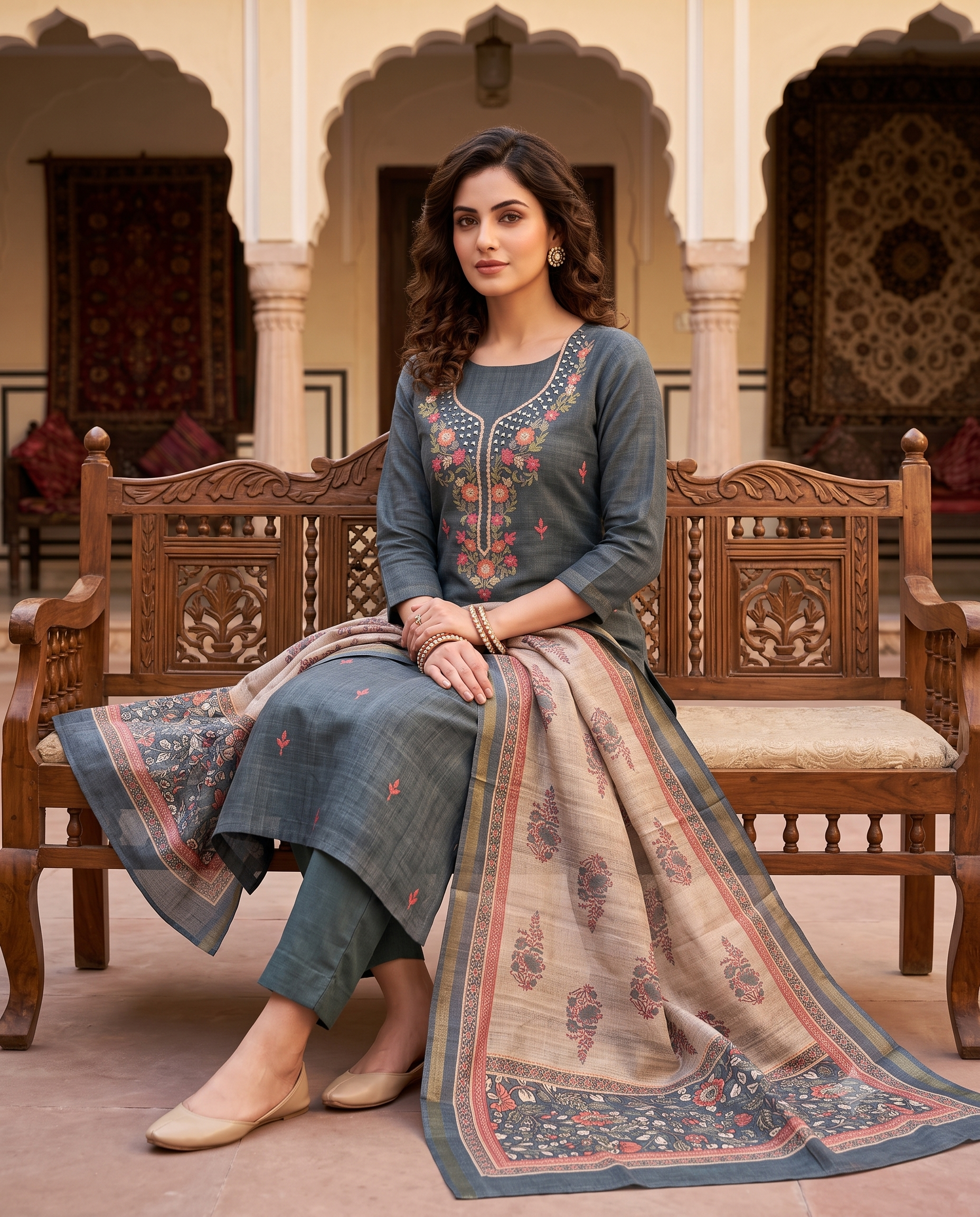 Steel Blue Tussar Silk Unstitched Suit with Mirror & Aari Work and Digital Print Dupatta