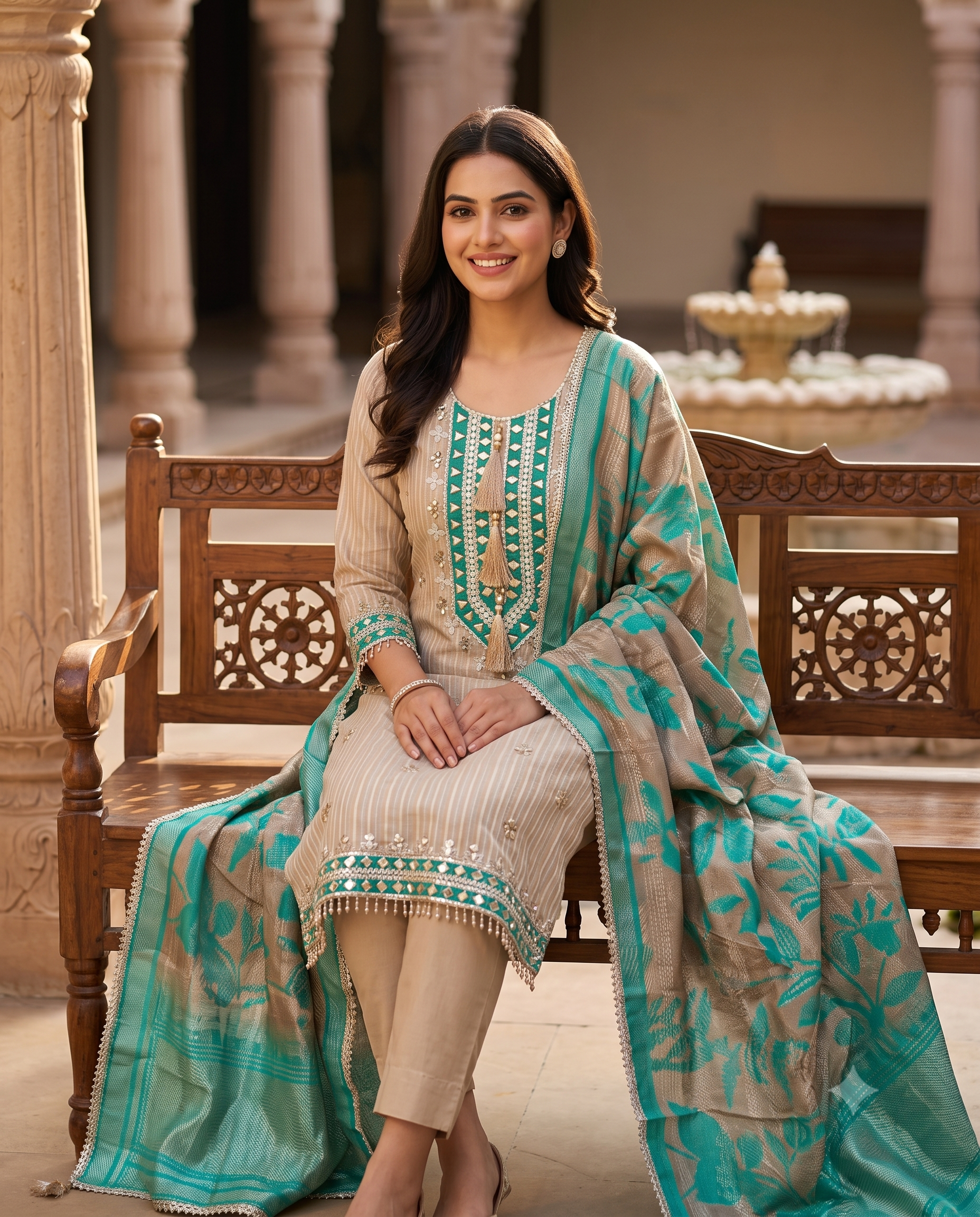 Beige & Teal Shimmer Organza Suit with Gotta Patti Embroidery