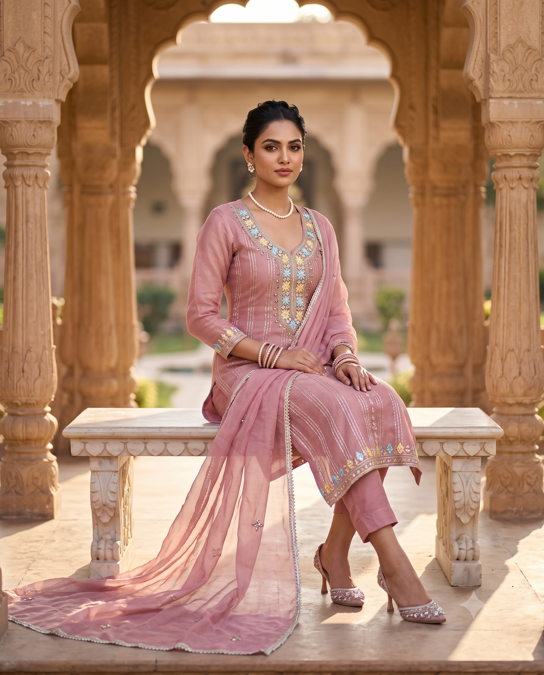 Pink Shimmer Tissue Unstitched Suit | Multicolor Thread Mirror Gota Neckline | Gota Panel & Daaman with Gota Lace Chiffon Dupatta Women's Suit