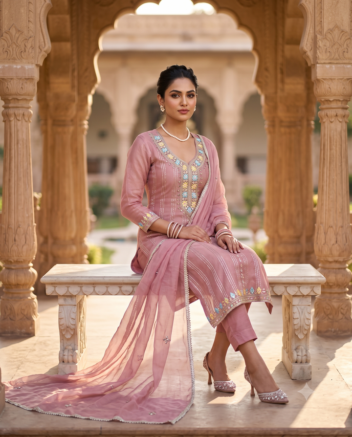 Pink Shimmer Tissue Unstitched Suit | Multicolor Thread Mirror Gota Neckline | Gota Panel & Daaman with Gota Lace Chiffon Dupatta Women's Suit