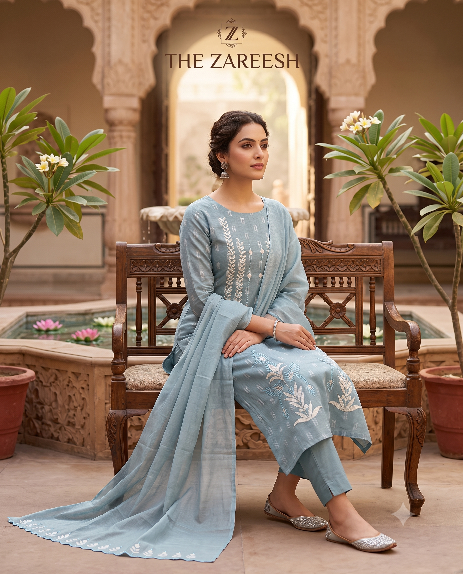 Steel Blue Cotton Unstitched Suit | White Applique Neckline & Hemline | Cutwork Mul Cotton Dupatta Women's Suit