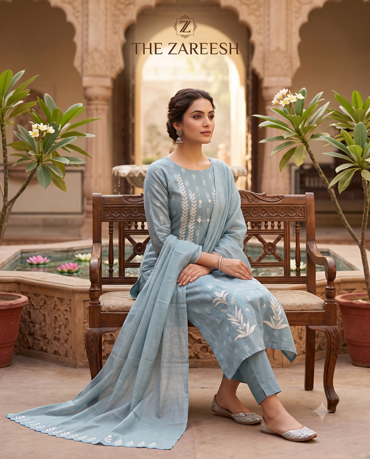 Steel Blue Cotton Unstitched Suit | White Applique Neckline & Hemline | Cutwork Mul Cotton Dupatta Women's Suit