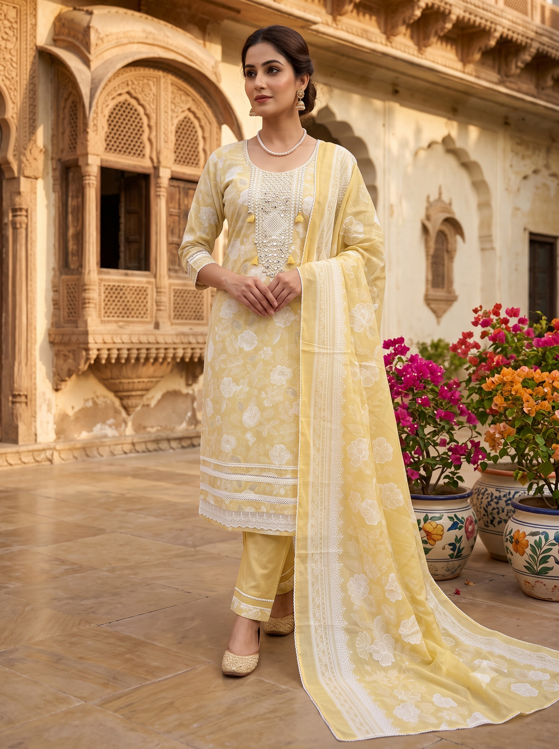 Soft Mustard Yellow Cotton Unstitched Suit | All-Over Floral Print | Mirror Work Sequin Moti Neckline & Lace Hemline Women's Suit