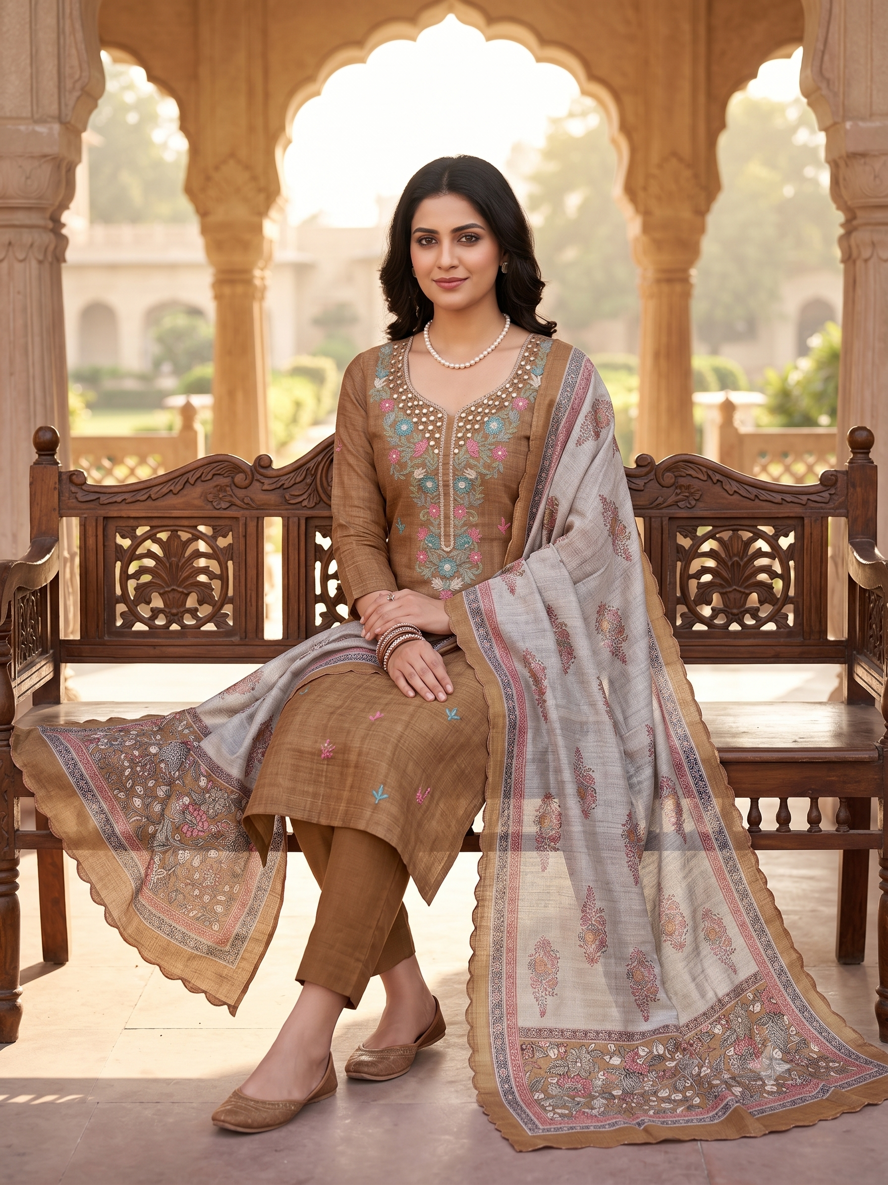 Olive Green & Blush Pink Tusser Silk Mirror and Aari Work Unstitched Suit Set