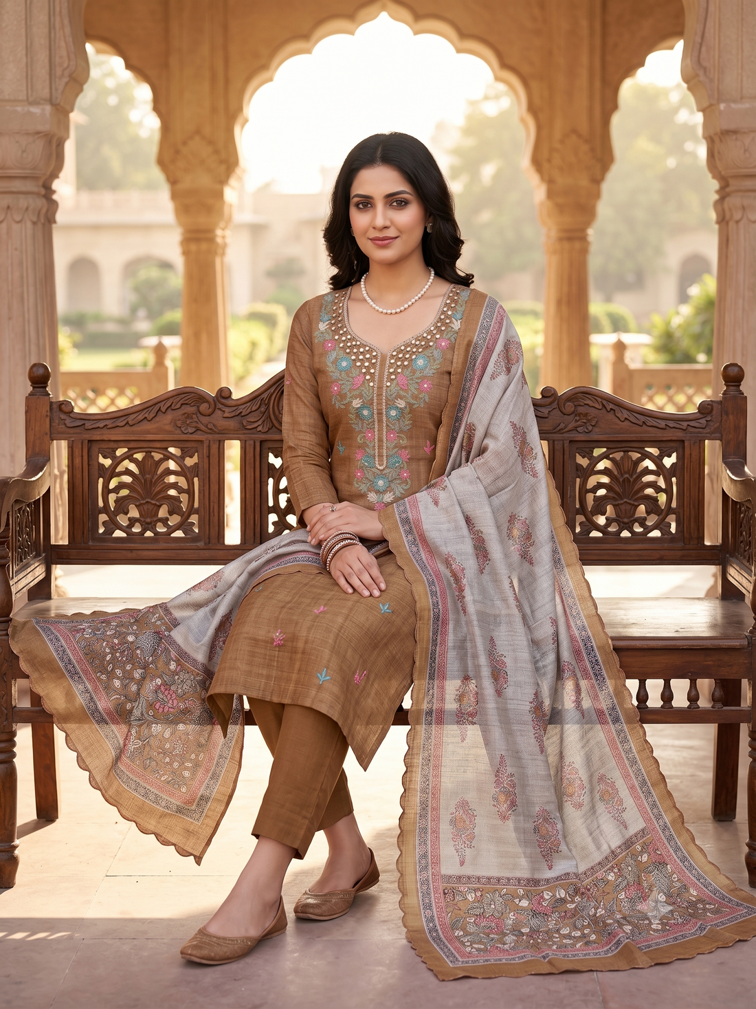 Olive Green & Blush Pink Tusser Silk Mirror and Aari Work Unstitched Suit Set