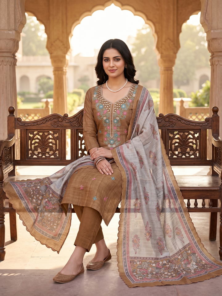 Olive Green & Blush Pink Tusser Silk Mirror and Aari Work Unstitched Suit Set