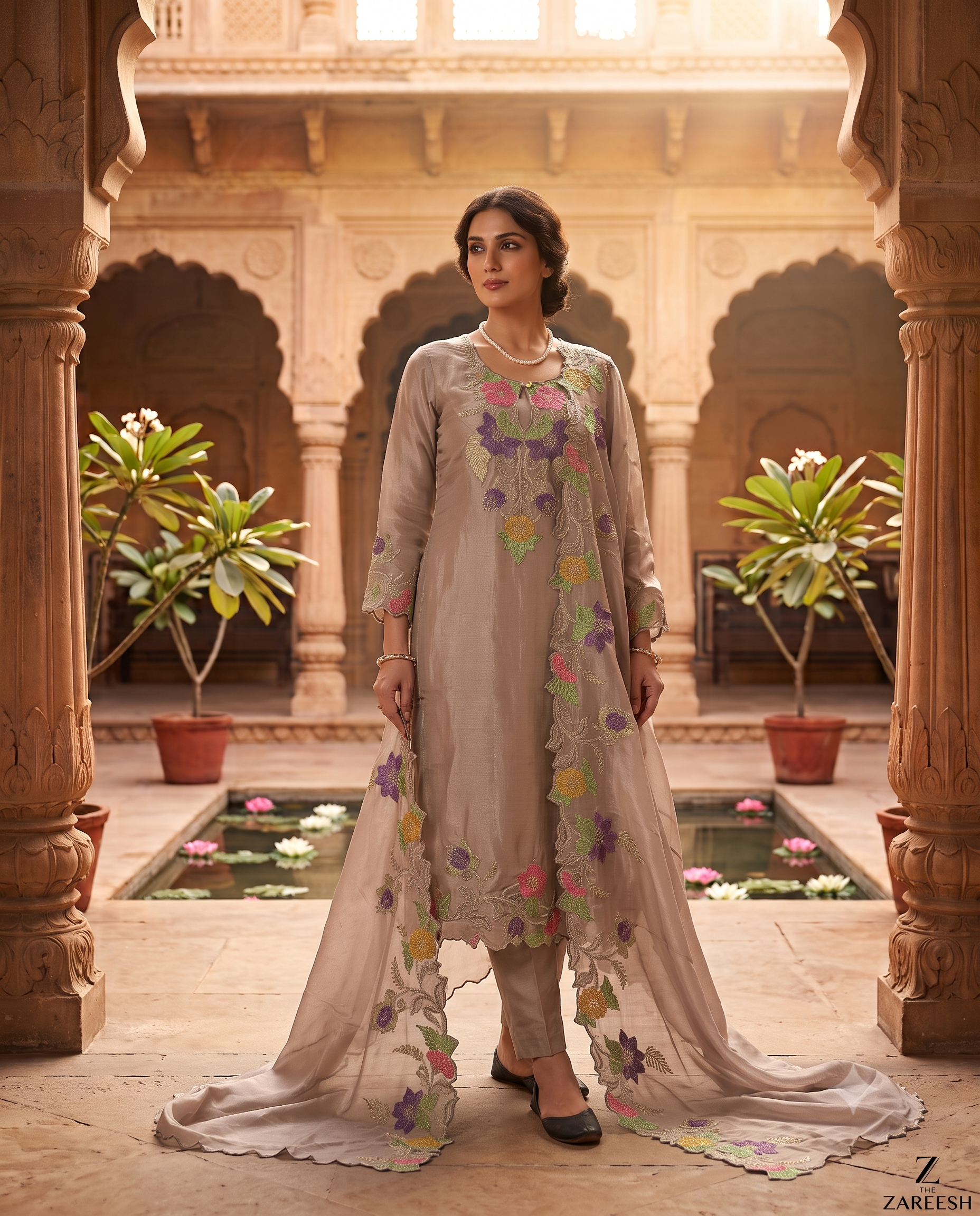 Champagne Shimmer Organza Suit with Multicolor Resham & Zari Embroidered Neckline