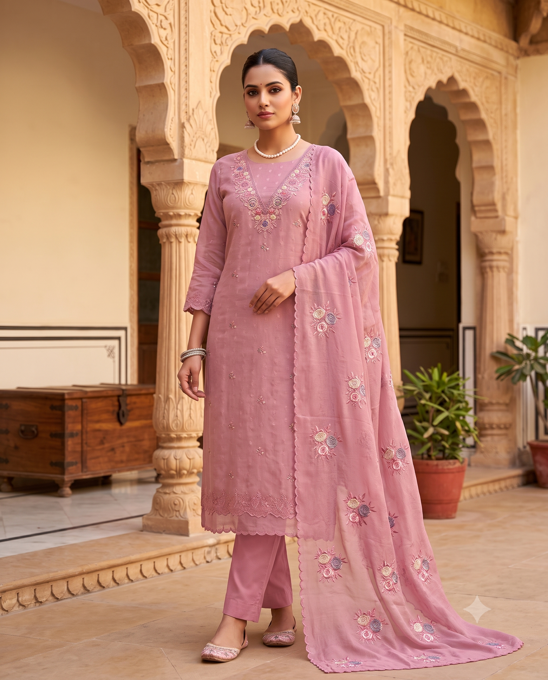 Blush Pink Cotton Suit with Floral Embroidered V-Neckline & Chinnon Dupatta