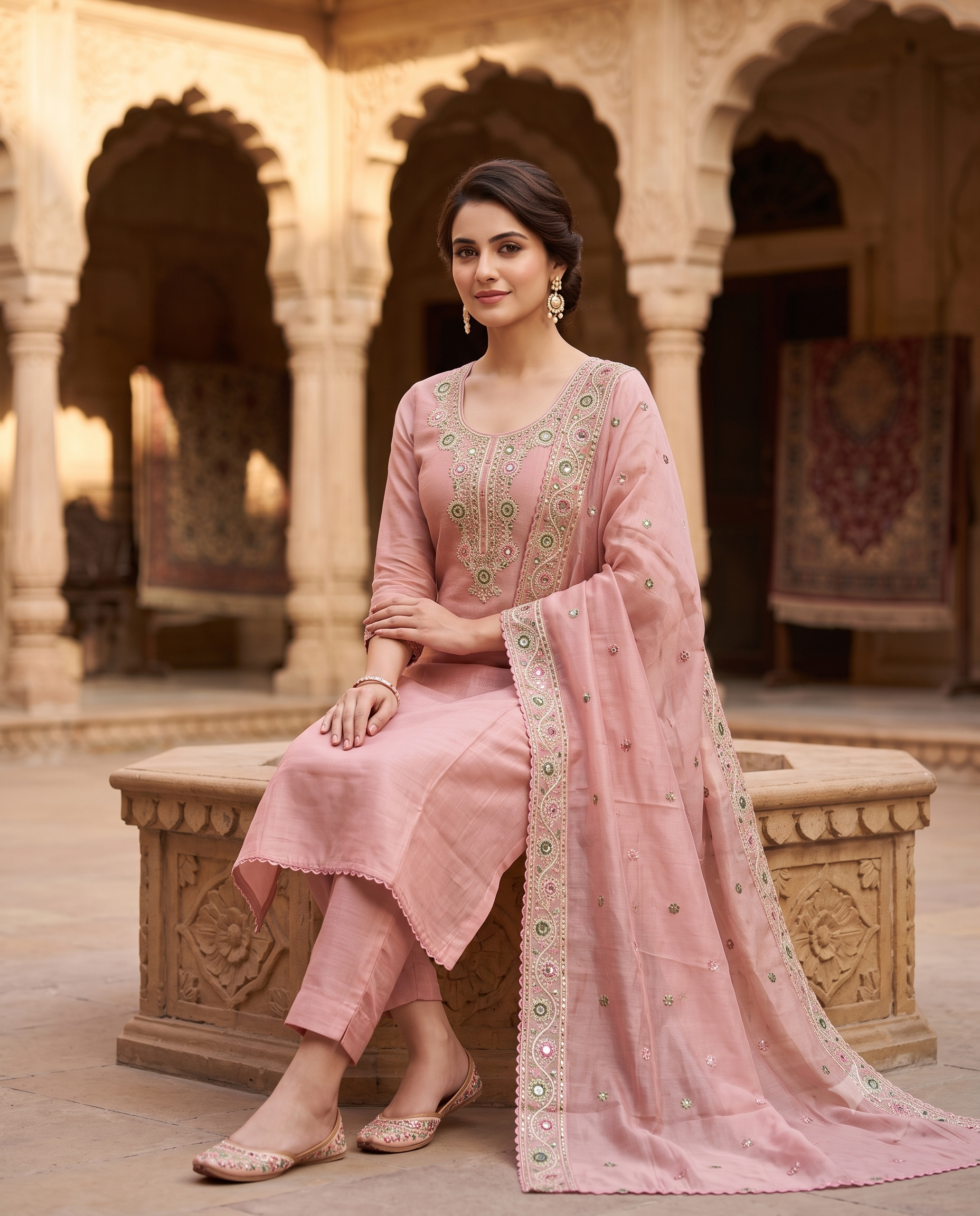 Pink Mul Chanderi Unstitched Suit | Multicolor Thread Work Neckline | Embroidered Booties & Border Dupatta Women's Suit