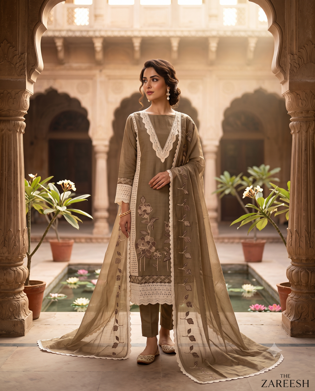 Khakhi Linen Unstitched Suit | Thread Embroidery with Sequin & Bead Work | V-Neck Crotia Lace Women's Suit