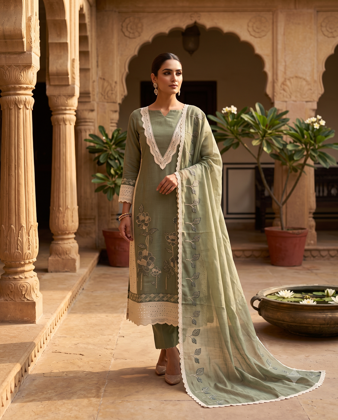 Sage Green Linen Unstitched Suit | Thread Embroidery with Sequin & Bead Work | V-Neck Crotia Lace Women's Suit