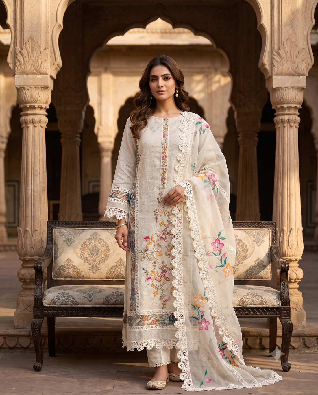 Ivory Linen Suit with Hand-Painted Organza Dupatta & Lace Detailing