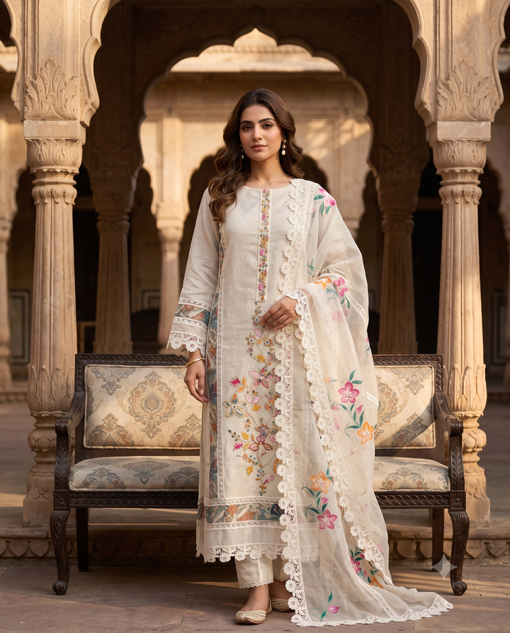Ivory Linen Suit with Hand-Painted Organza Dupatta & Lace Detailing