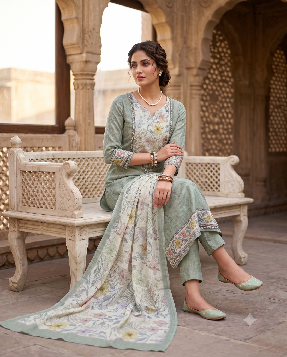 Soft Sage Green Pure Linen Unstitched Suit | Tonal Printed Texture | Digital Floral Applique Neckline Panel & Multicolor Floral Dupatta Women's Suit