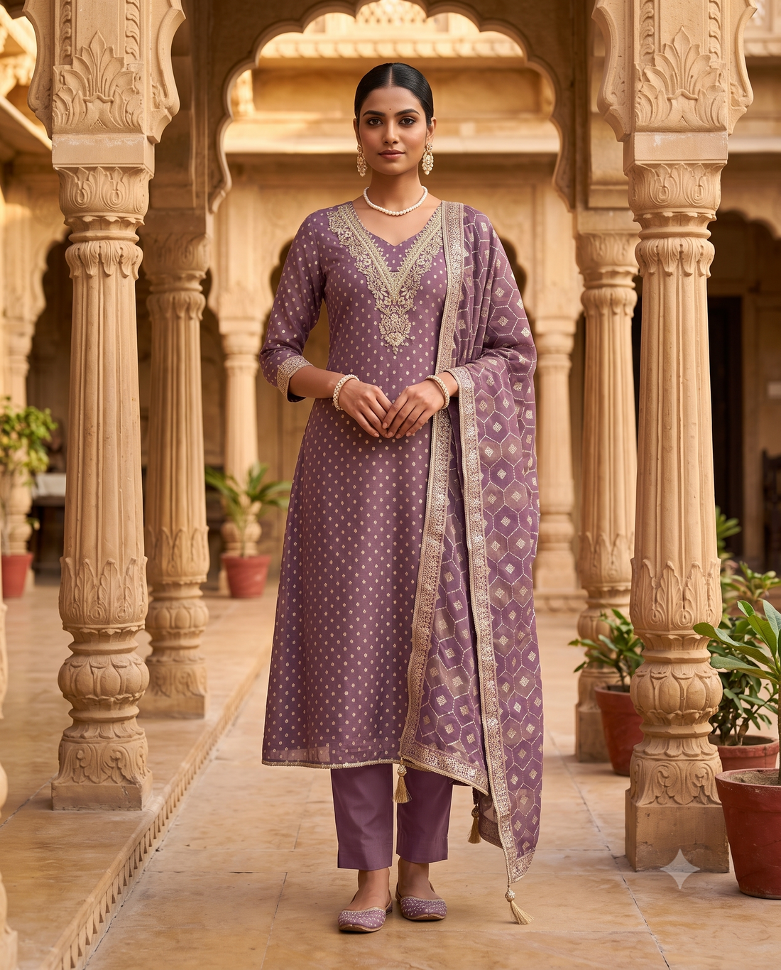 Lavender Banarasi Booti Organza Suit with Handworked Neckline & Banarasi Dupatta