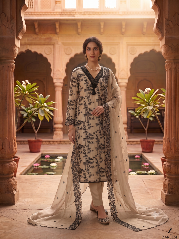 Beige Tissue Suit with Black Resham Embroidery & V Neckline Dupatta Set