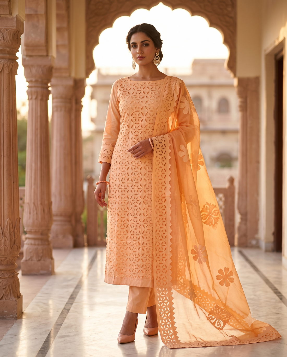 Peach Pure Cotton Applique Jaali Work Unstitched Suit Set