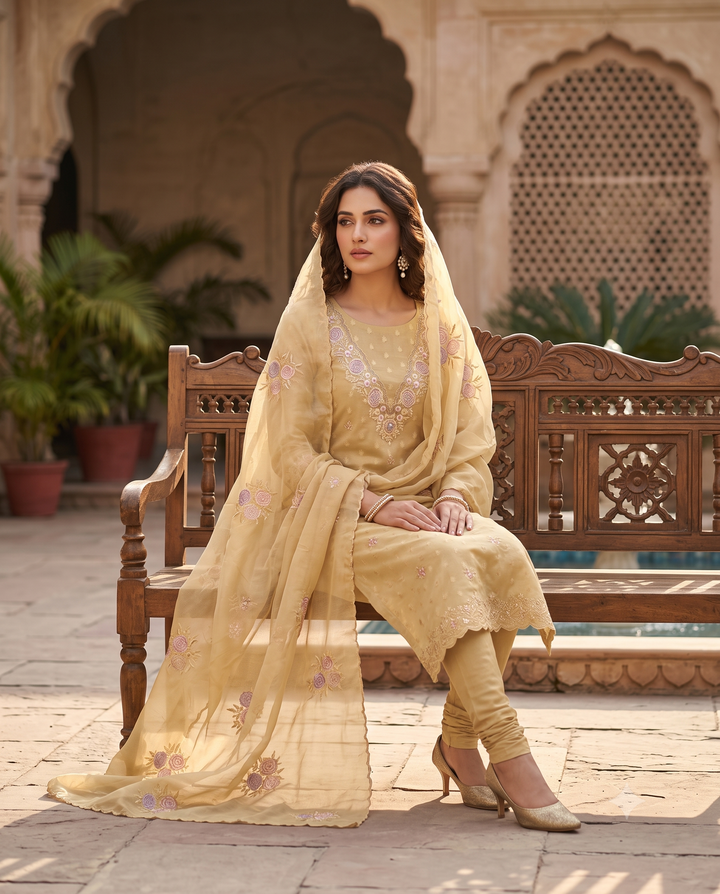 Antique Gold Cotton Suit with Floral Embroidered V-Neckline & Chinnon Dupatta