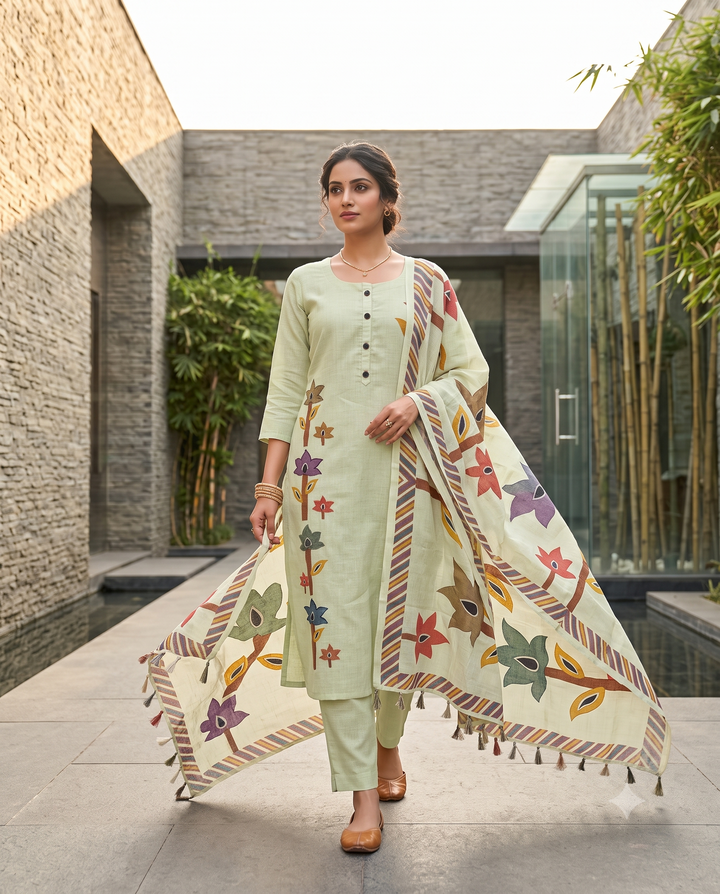 Light Pista Linen Unstitched Suit | Multicolor Geometric Digital Print | Bold Geometric Botanical Dupatta with Diagonal Stripe Border Women's Suit