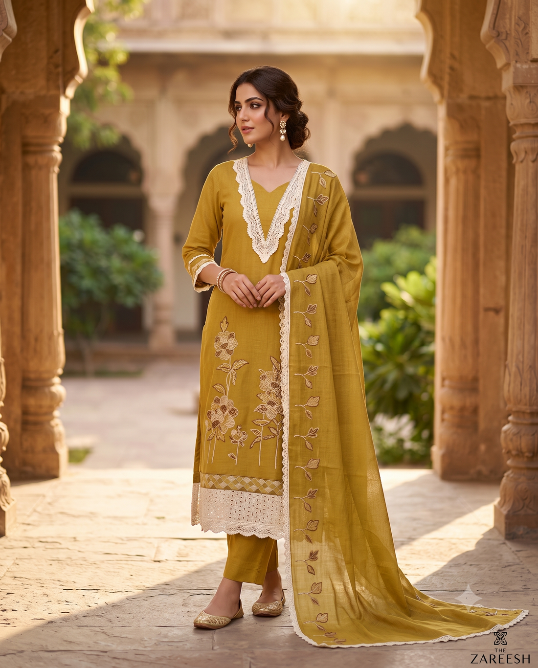 Mustard Linen Unstitched Suit | Thread Embroidery with Sequin & Bead Work | V-Neck Crotia Lace Women's Suit