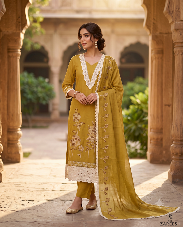 Mustard Linen Unstitched Suit | Thread Embroidery with Sequin & Bead Work | V-Neck Crotia Lace Women's Suit