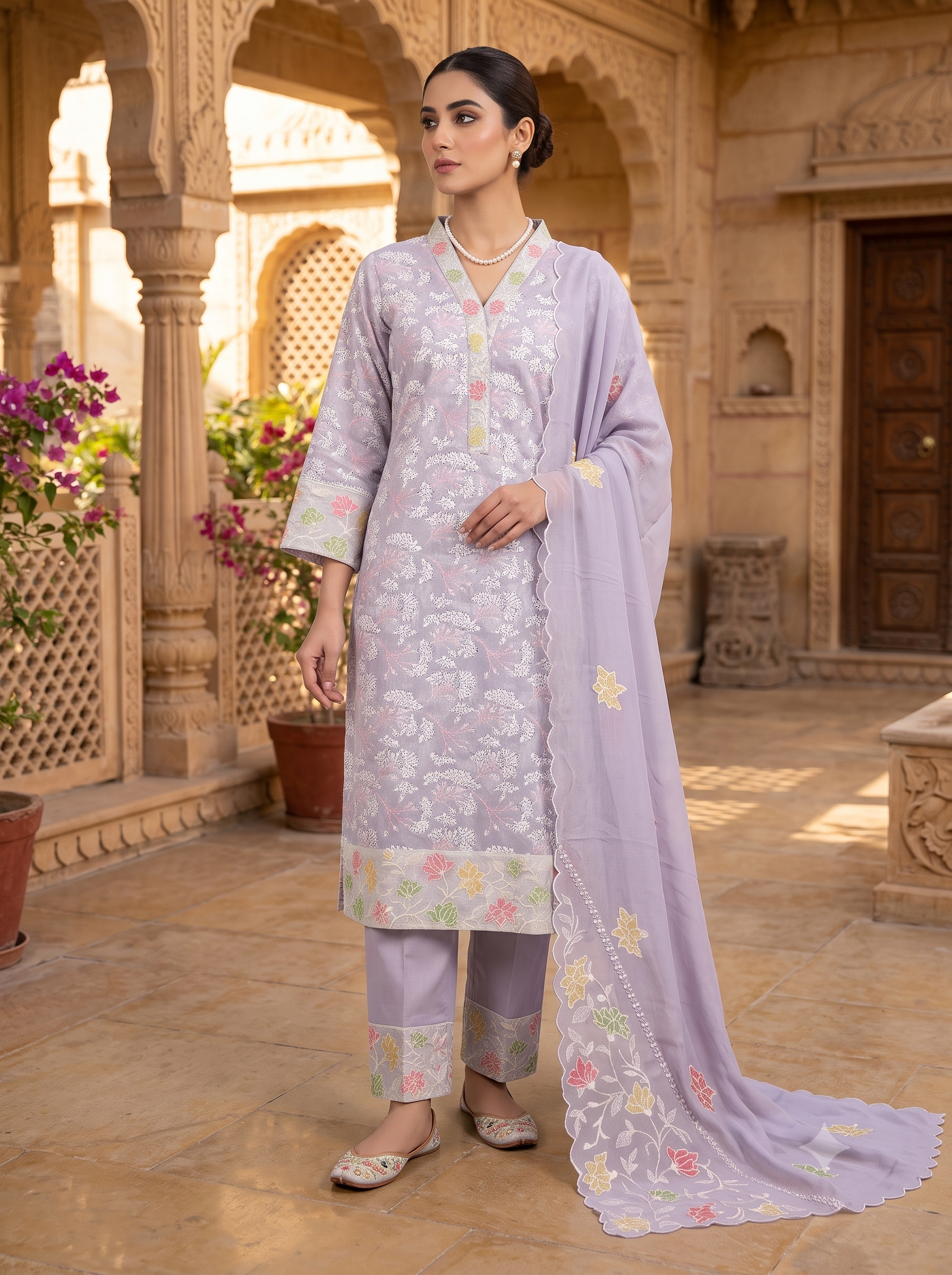 Lavendar Cotton Unstitched Suit | All-Over Floral Print | Lace Daaman Highlight & Applique Thread Work Chinnon Dupatta Women's Suit