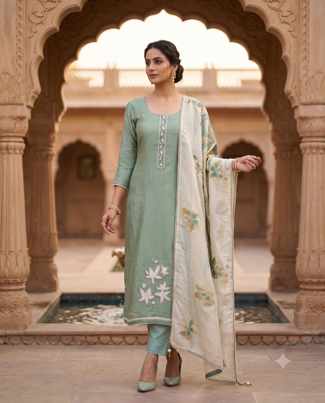 Shimmer Tissue Embroidered Unstitched Suit Set with Printed Dupatta