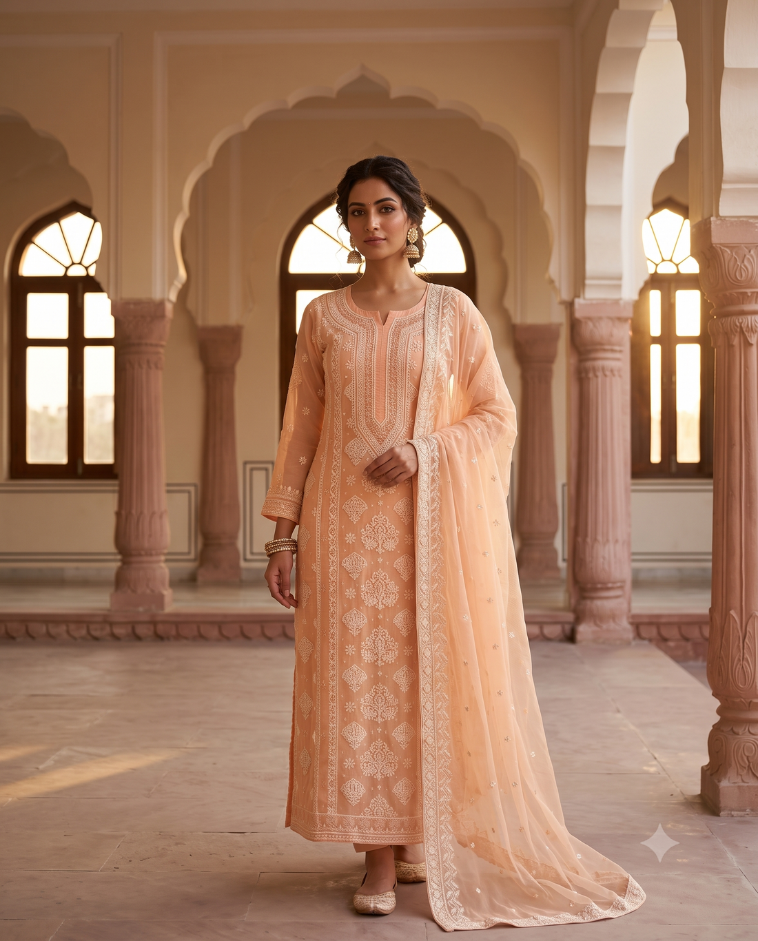Peach Heavy Chikankari Wedding Wear Unstitched Suit Set with Moti Work
