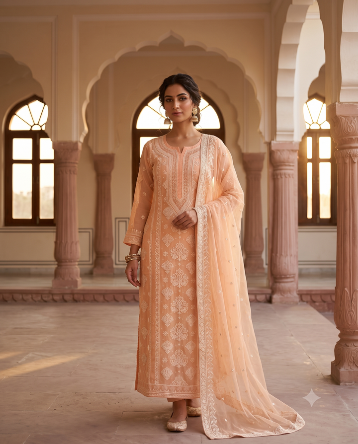 Peach Heavy Chikankari Wedding Wear Unstitched Suit Set with Moti Work