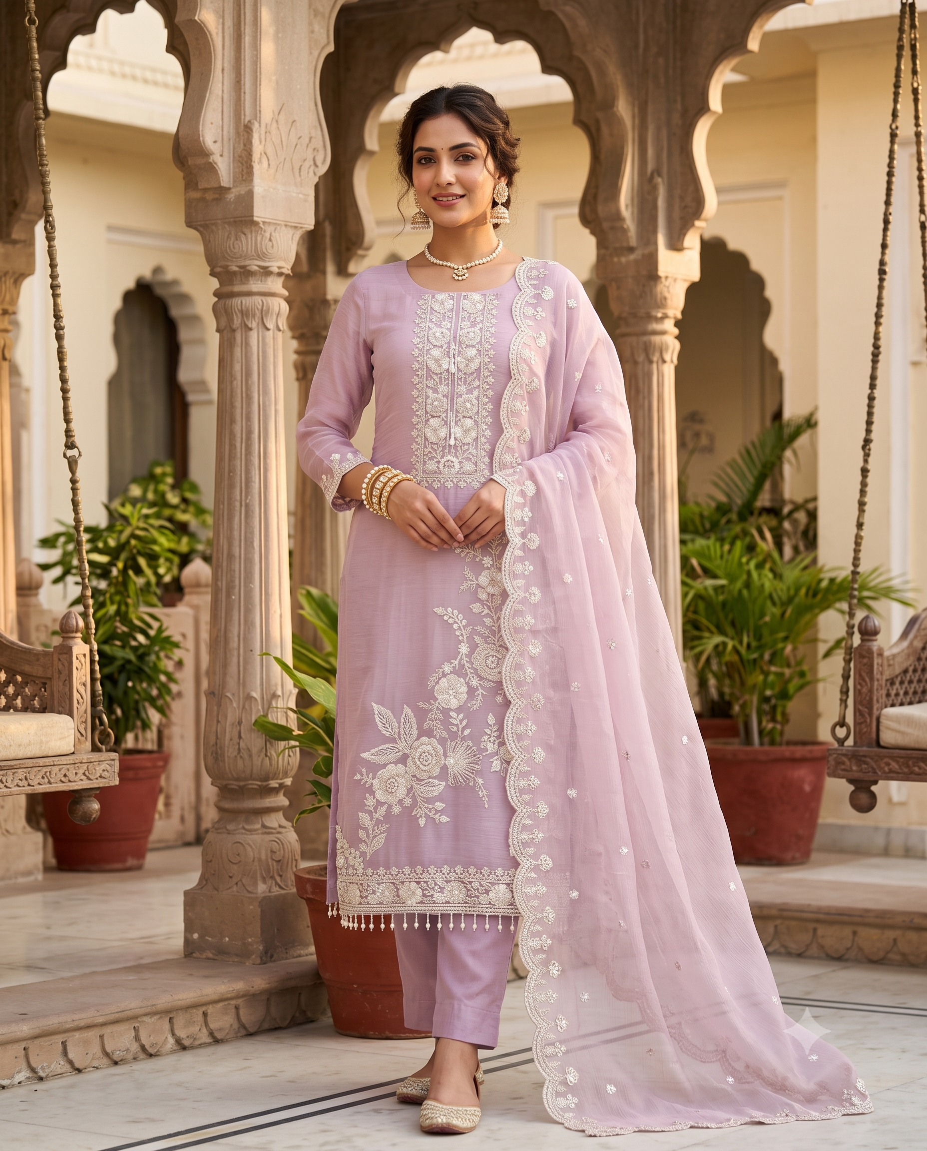 Soft Lavender Marble Chiffon Heavy Embroidered Unstitched Suit with Cutwork Dupatta